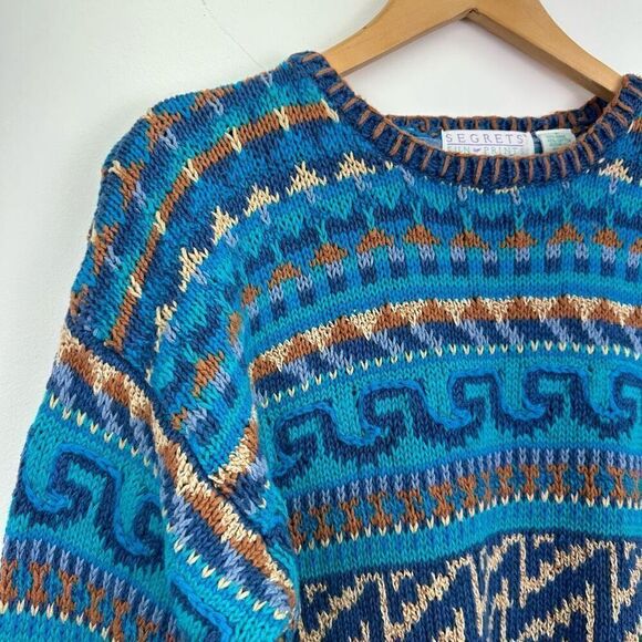 Segrets Sun Prints Teal Navy Tan Fair Isle Aztec Grandpa Chunky Knit Sweater - Picture 11 of 12